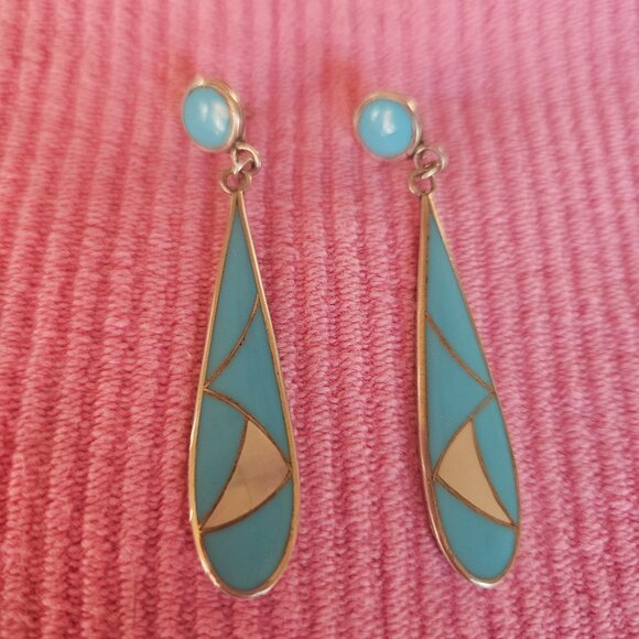 Turquoise & Mother of Pearl Drop Earrings - Picture 1 of 3